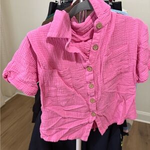 SHEIN Hot Pink Button-Front  2 piece set Swim Coverup Shirt